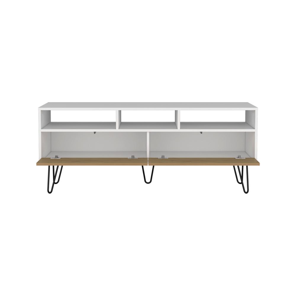 54-Inch Salunga TV Stand with Double Door and 3 Open Shelves – Two-Tone Hairpin Design