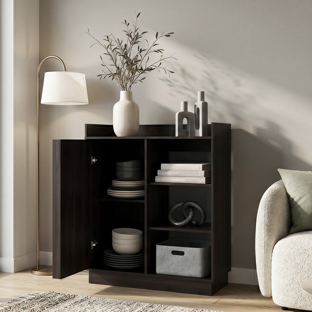 47-Inch Seldovia Modern Sideboard Cabinet with Sliding Door & 3 Open Shelves | Buffet Cabinet with Hidden Storage – Smooth Sliding Door Storage