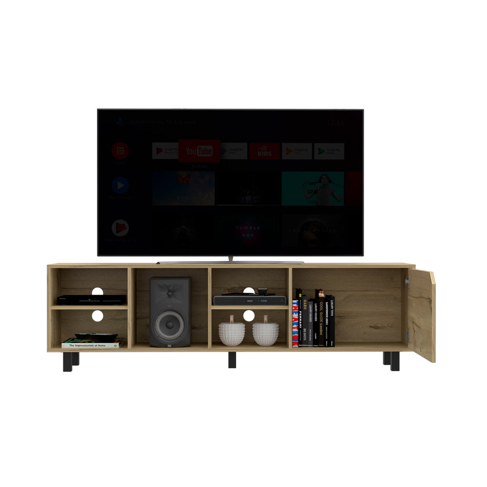 71-Inch Conquest TV Stand with 4 Open Shelves – Sturdy Light Oak Build