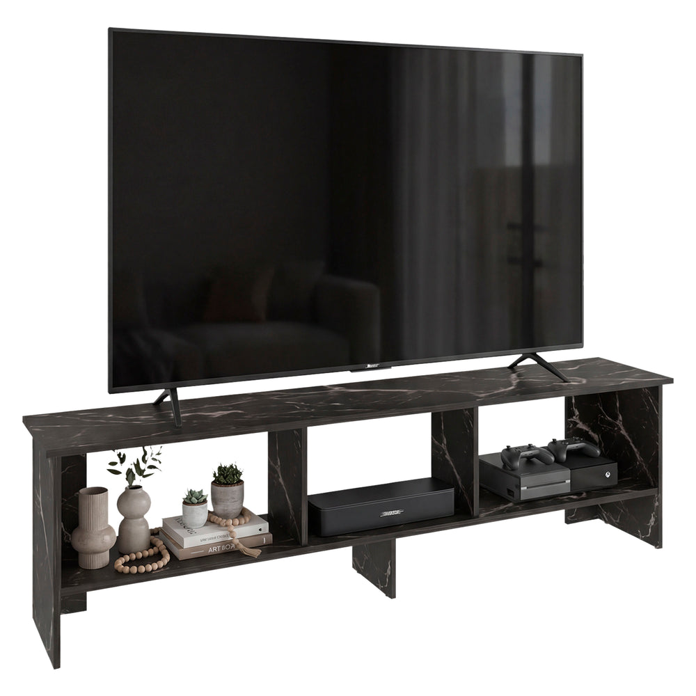 Clover Open-Shelf TV Stand for a 65-Inch TV with Center Storage Compartment for the Living Room – Black Marble Finish