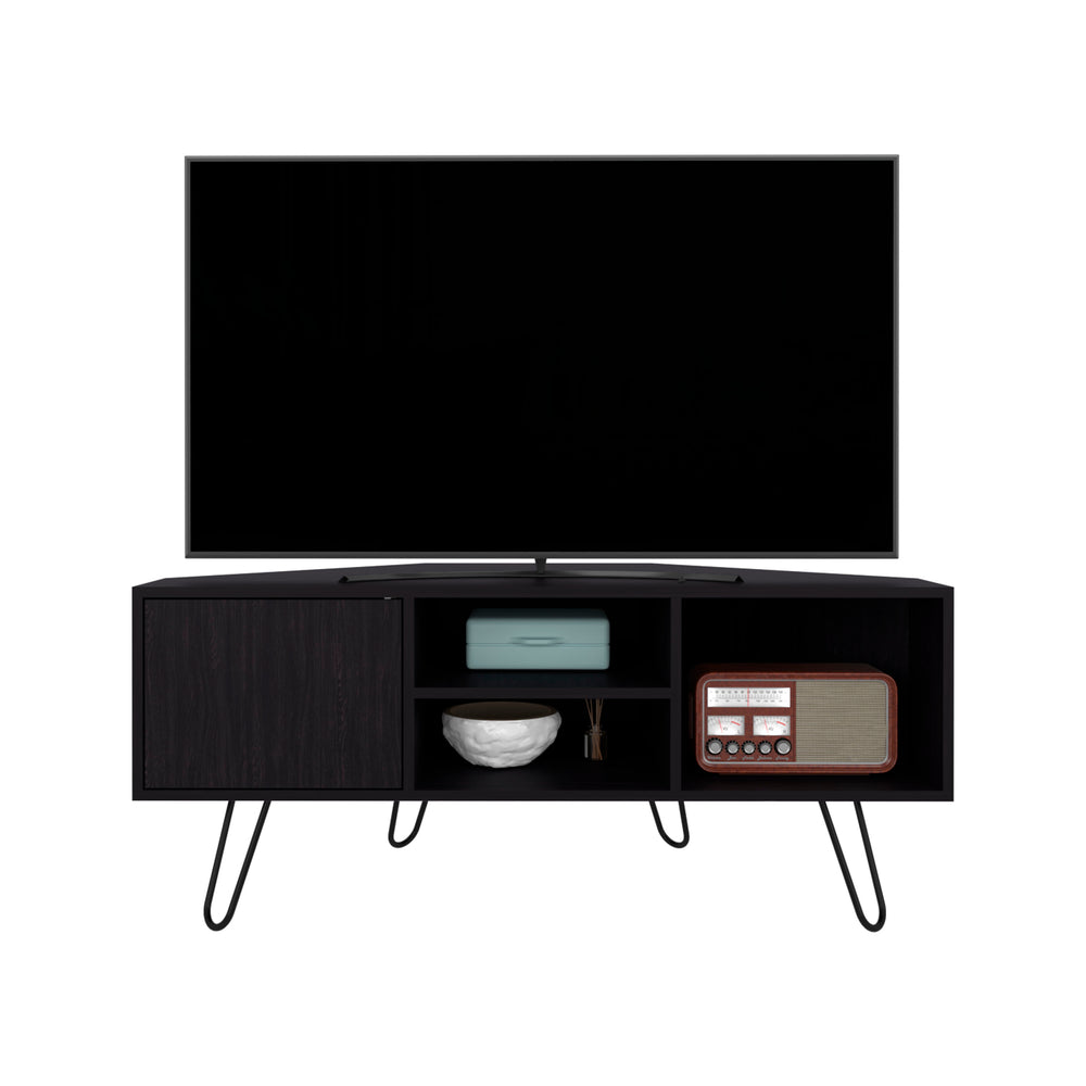 45-Inch Jenks TV Stand with Single Door and 3 Open Shelves – Slim Hairpin Legs