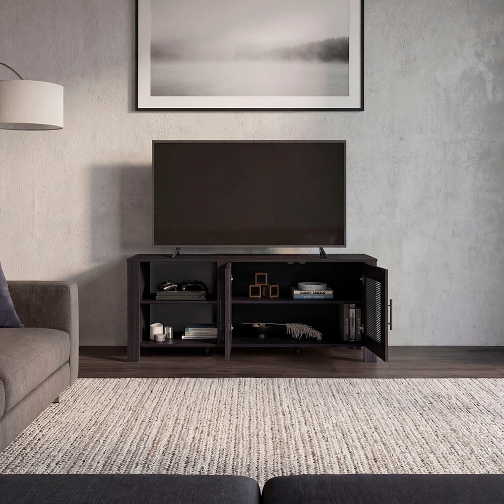 Capron TV Stand with Wire-Mesh Cabinet Doors and Open Side Shelving for Media Storage – Farmhouse Metal Hardware
