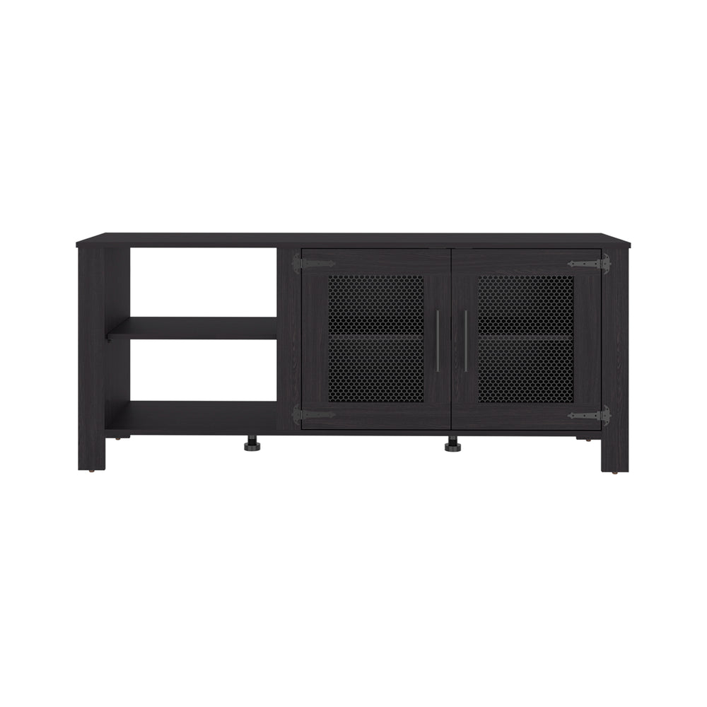 Capron TV Stand with Wire-Mesh Cabinet Doors and Open Side Shelving for Media Storage – Sturdy Stable Build