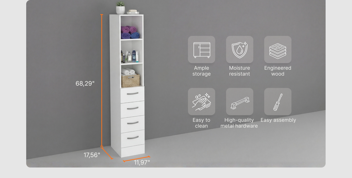 12- Inch Magna Linen Cabinet with Three Shelves, Four Drawers and Metal Handles – dimensions
