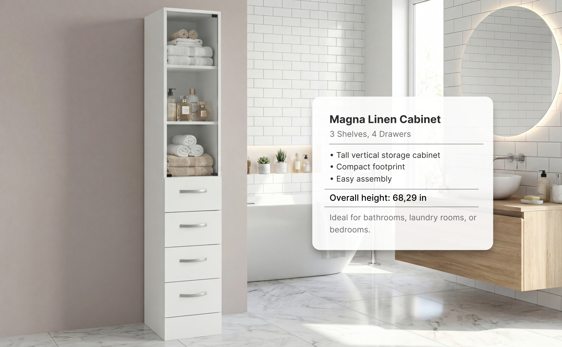 12- Inch Magna Linen Cabinet with Three Shelves, Four Drawers and Metal Handles – Hero