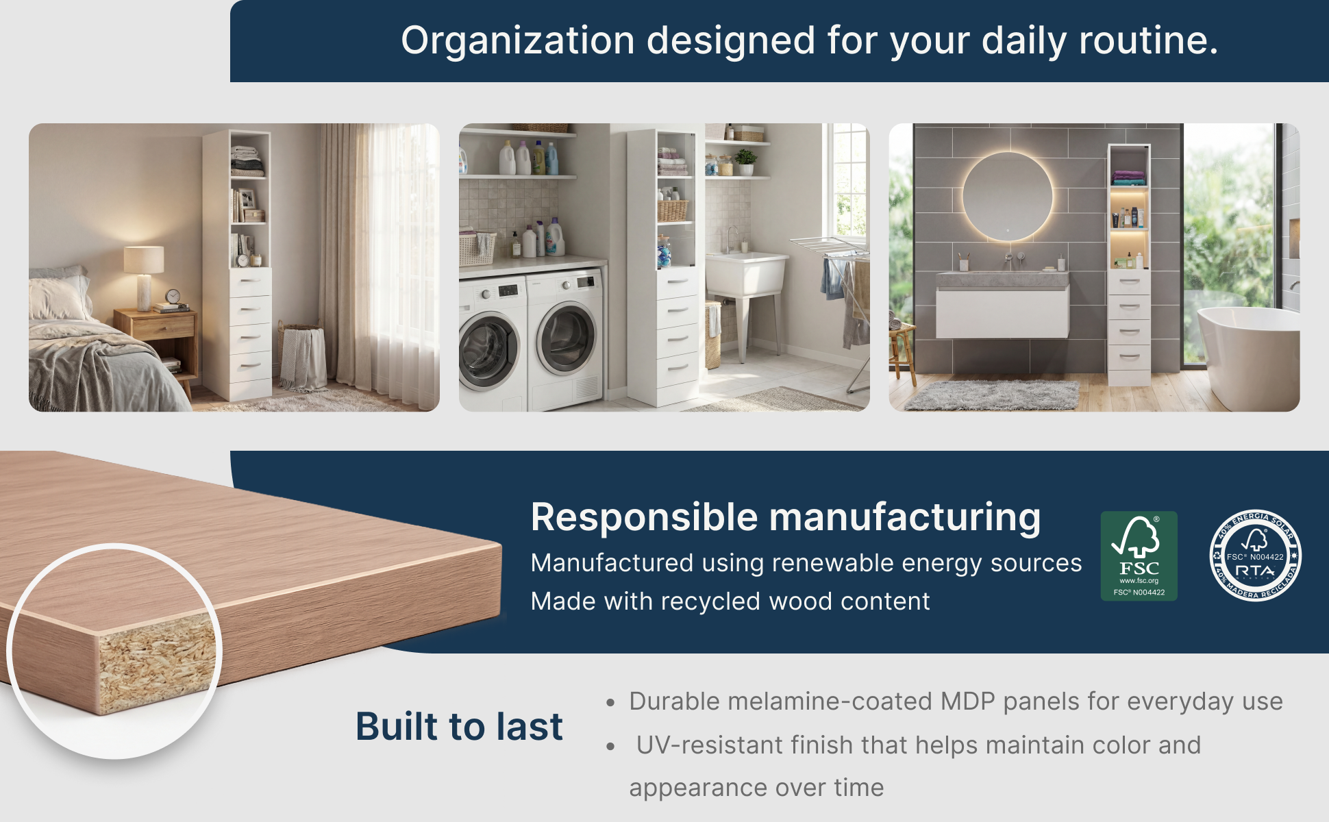 12- Inch Magna Linen Cabinet with Three Shelves, Four Drawers and Metal Handles – Usos y materiales