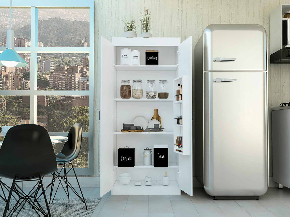 Chad Pantry Cabinet with Double Door and 5 Open Shelves – Adjustable Interior Shelving