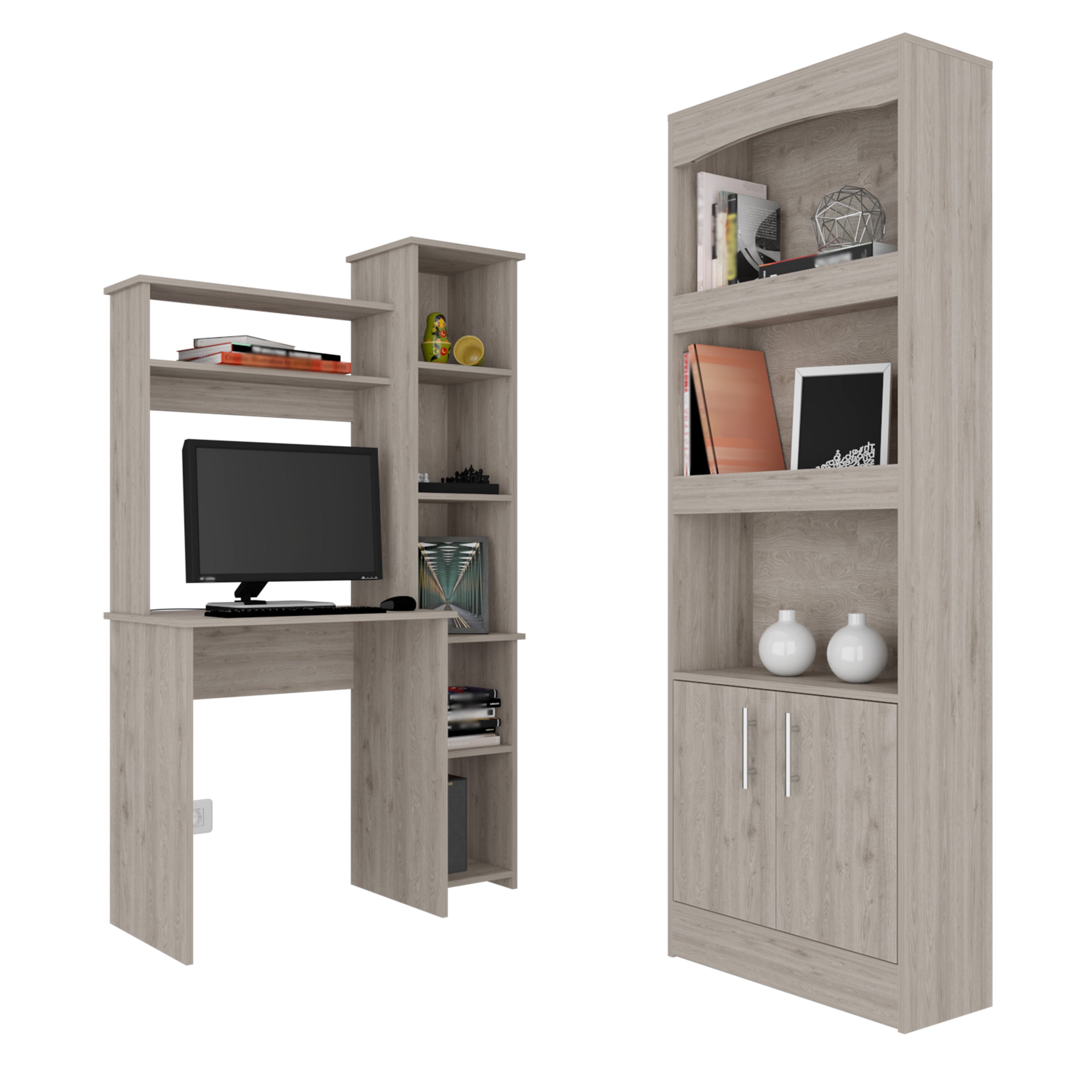 Detroit Two Piece Office Set, Bookcase + Desk, Light Gray