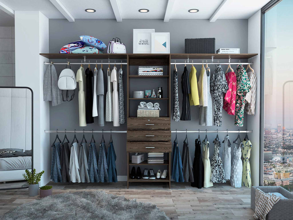118-Inch Zamora Closet Organizer with 3-Drawer and 5 Open Shelves – Hanging Rods on Both Sides