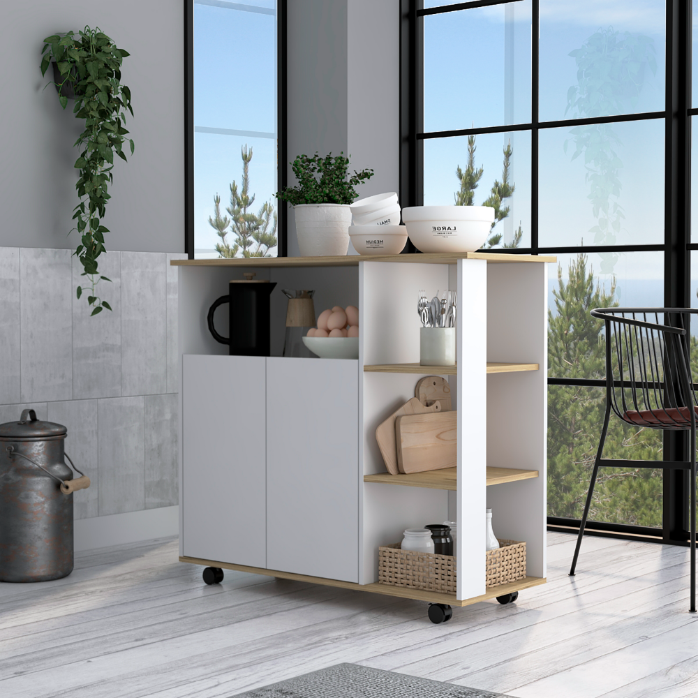 St. Thomas Kitchen Cart, Four Open Shelves, Double Door Cabinet, Four Casters