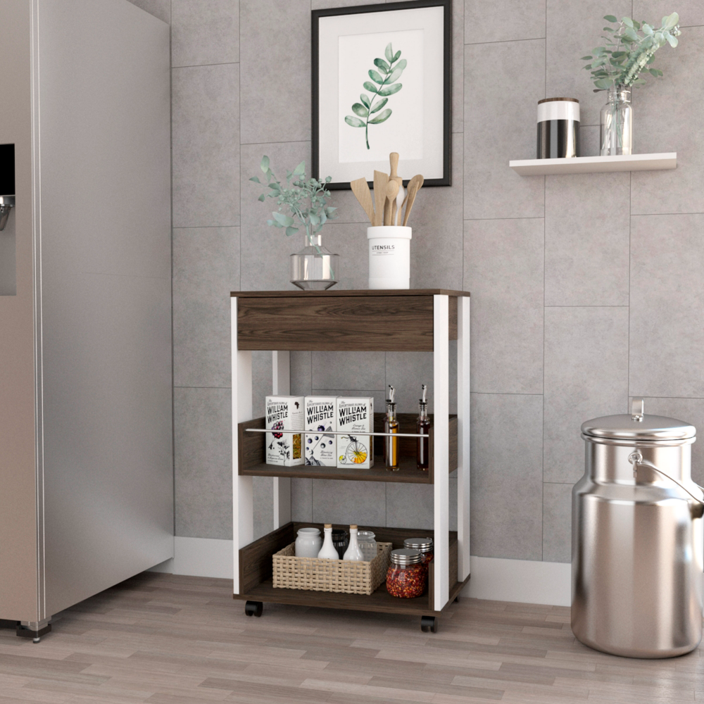 Pillar Kitchen Cart, Four Casters, Three Shelves