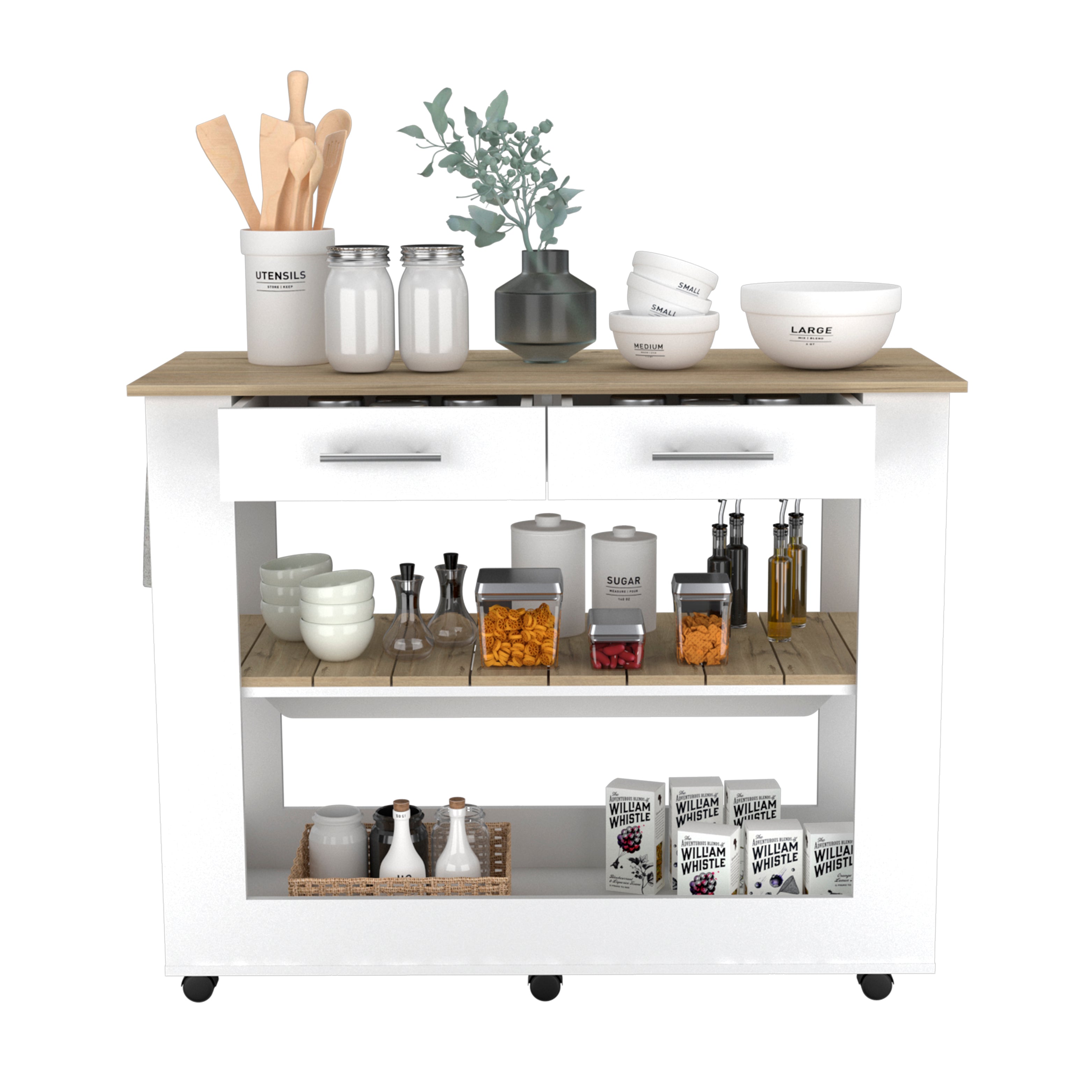 Delos Kitchen Island White, Six Casters, Two Drawers, Lower Open Shelf