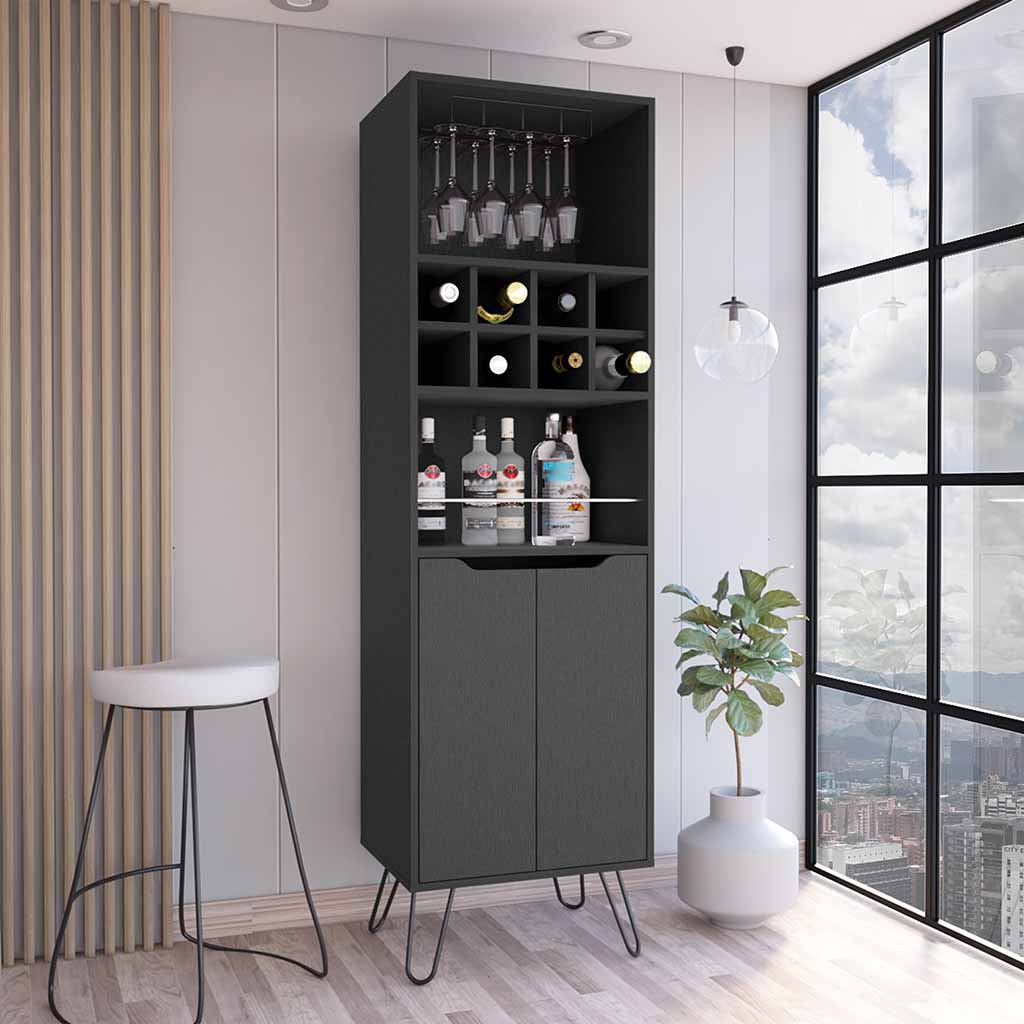 Zamna H Bar Double Door Cabinet, Eight Built-in Wine Rack, Four Legs, Four Shelves