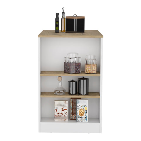 DEPOT E-SHOP Lacour Kitchen Island, Kitchen Bar Table with 3-Side Shelves, White / Macadamia