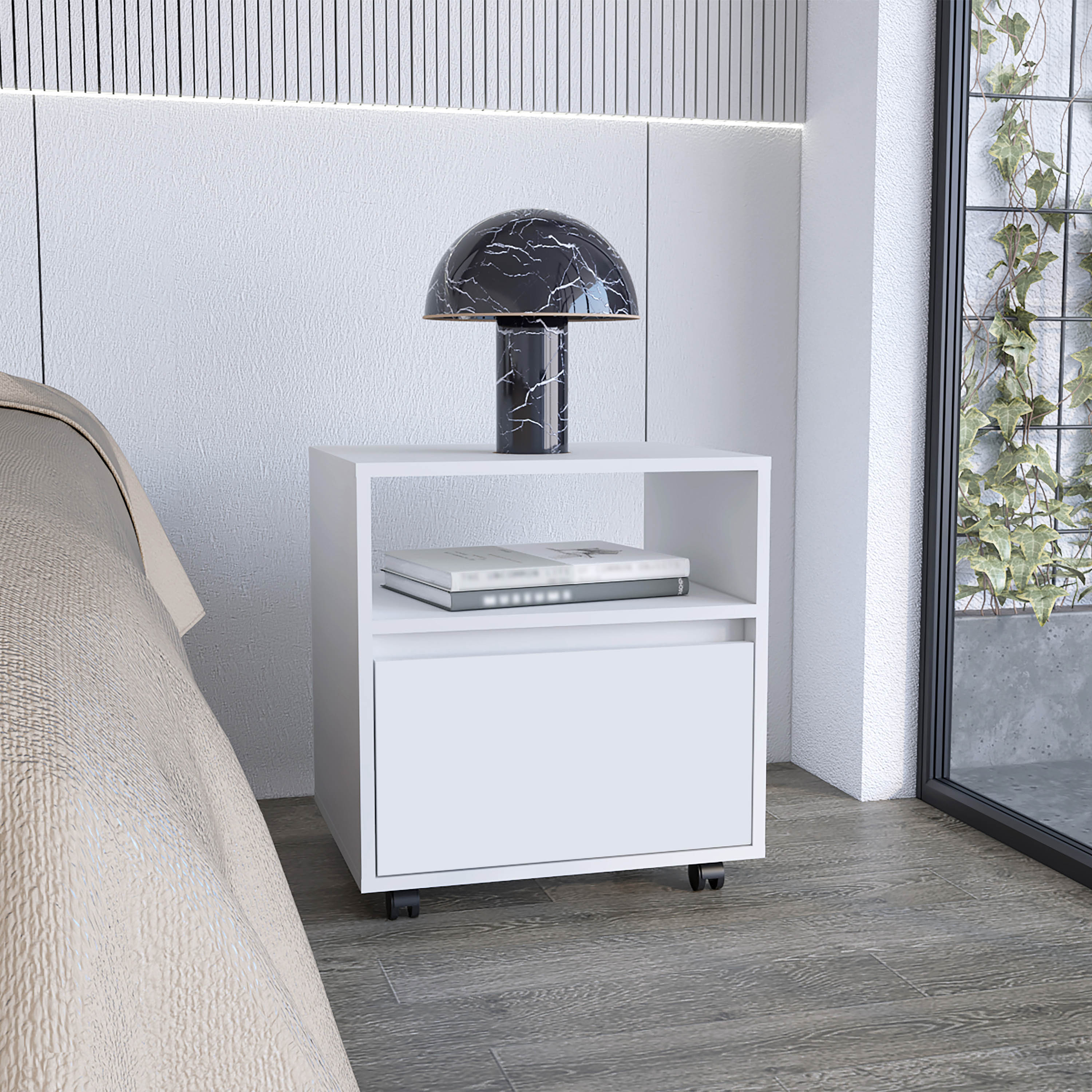 Wasilla Nightstand with Open Shelf, One Drawer and Casters