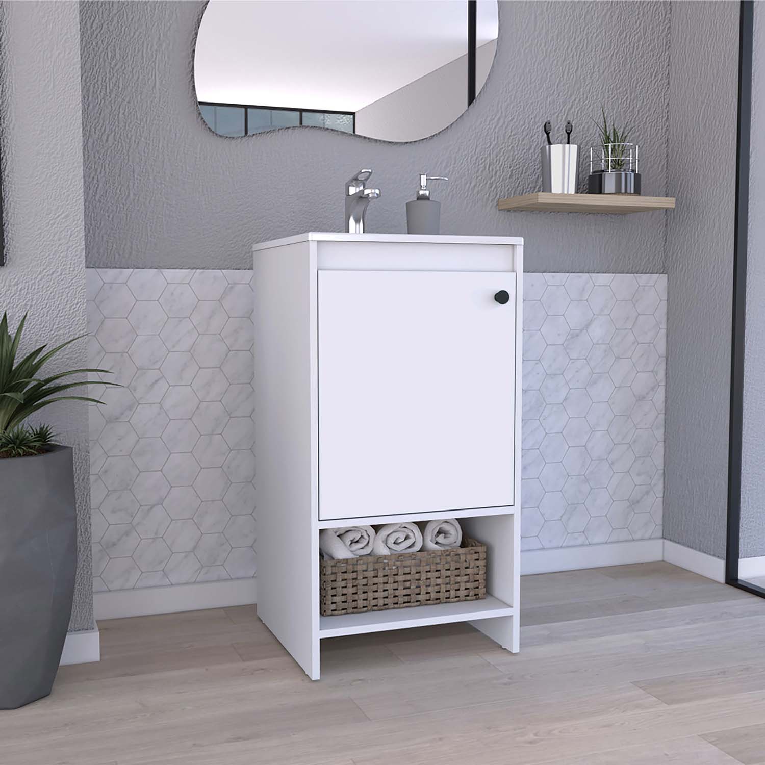 Braavos Bathroom Vanity, Sink, Two Shelves, Single Door Cabinet