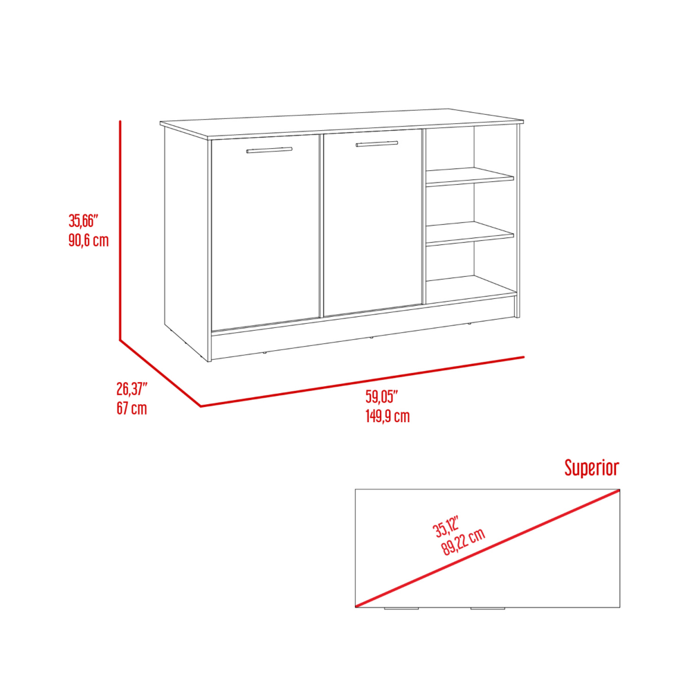 59-Inch Mars Kitchen Island with 3 Open Shelves – Durable Construction