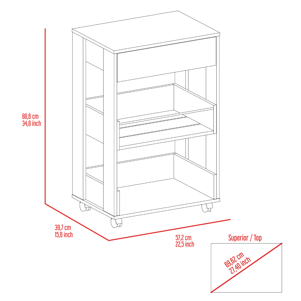 22-Inch Pillar Rolling Kitchen Cart with Casters and 3 Open Shelves – Durable Construction