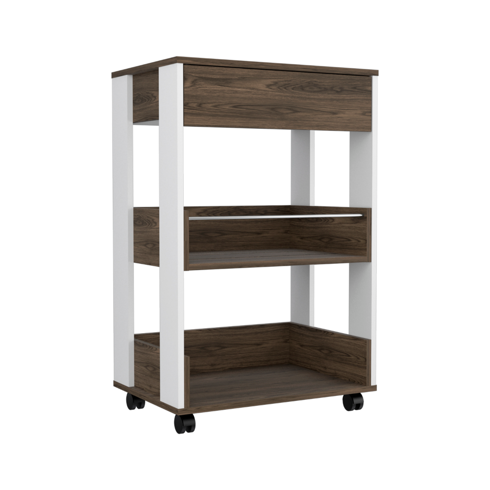 22-Inch Pillar Rolling Kitchen Cart with Casters and 3 Open Shelves – Concealed Drawer Storage