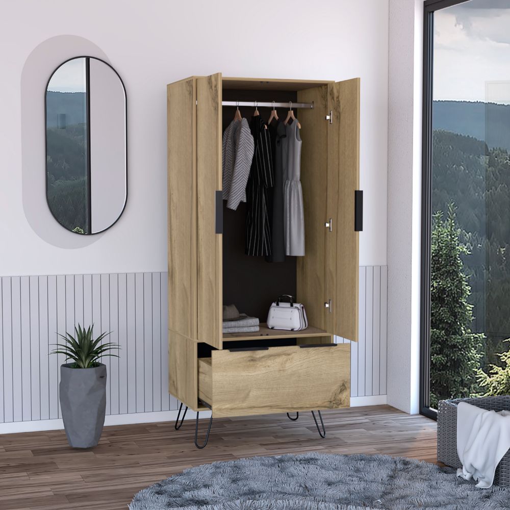 30-Inch Begonia Closet Organizer with 1-Drawer and Double Door – Modern Hairpin Legs