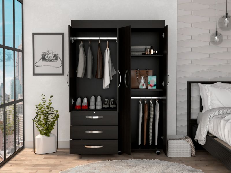 47-Inch Hamilton Mobile Armoire with 3-Drawer and Double Door – Paneled Cabinet Doors