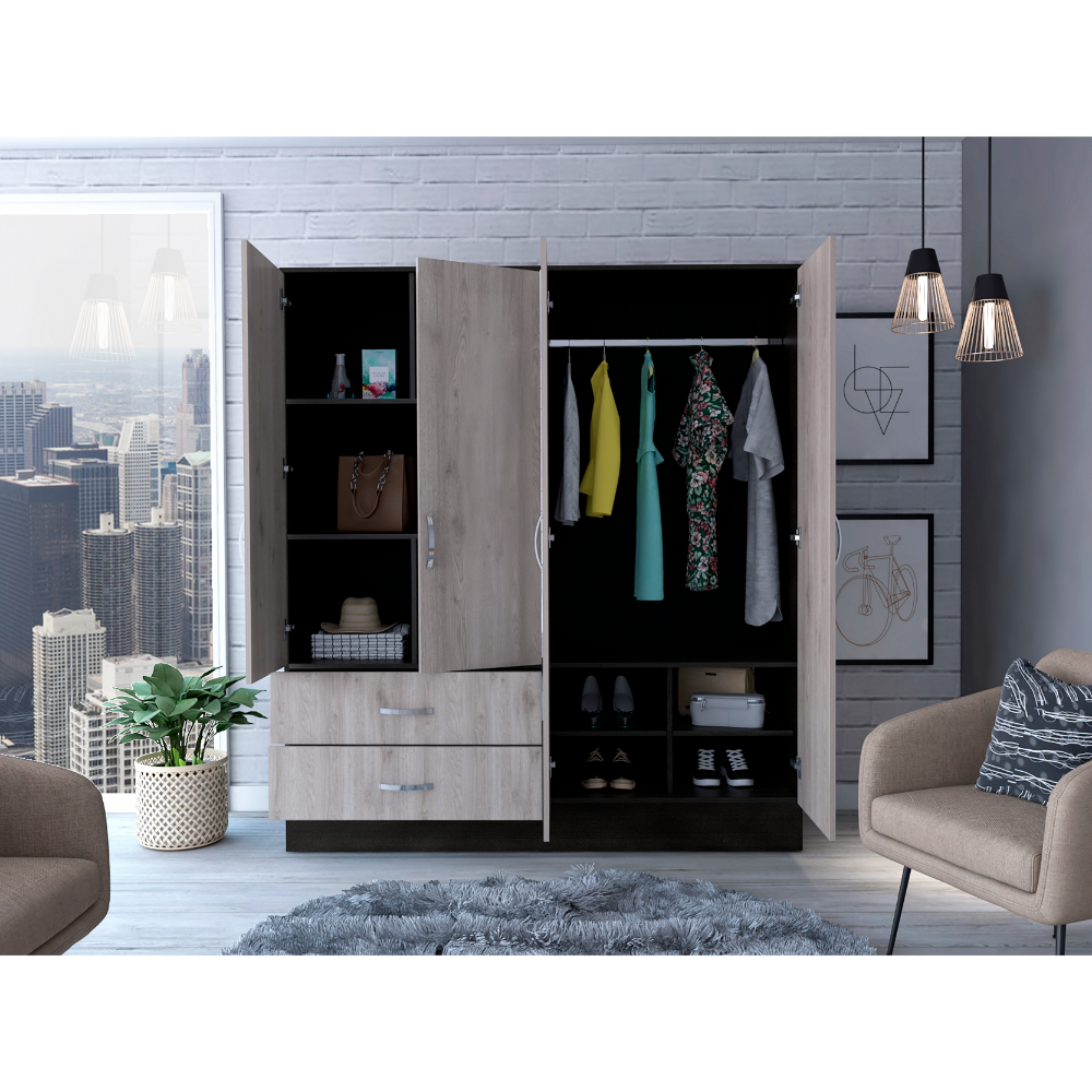 28-Inch Gangi Armoire with 2-Drawer and Double Door – Tiered Interior Shelving
