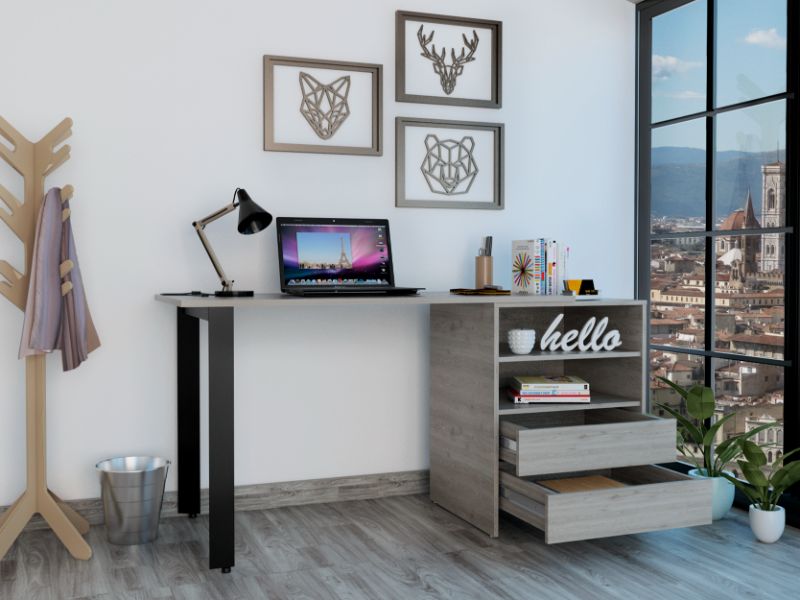 58-Inch Austral Writing Desk with 2-Drawer and 2 Open Shelves – Storage Drawers