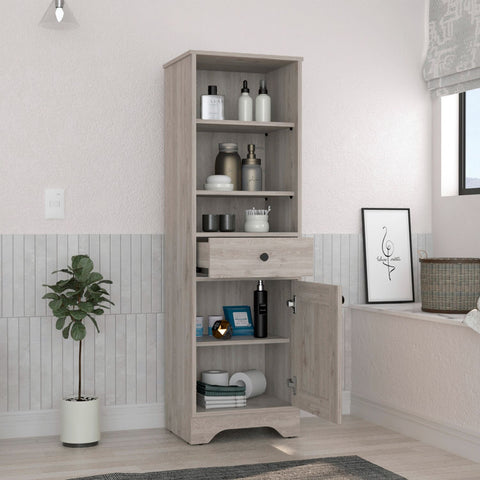 Norwalk Linen Single Door Cabinet, Three External Shelves, One Drawer, Two Interior Shelves