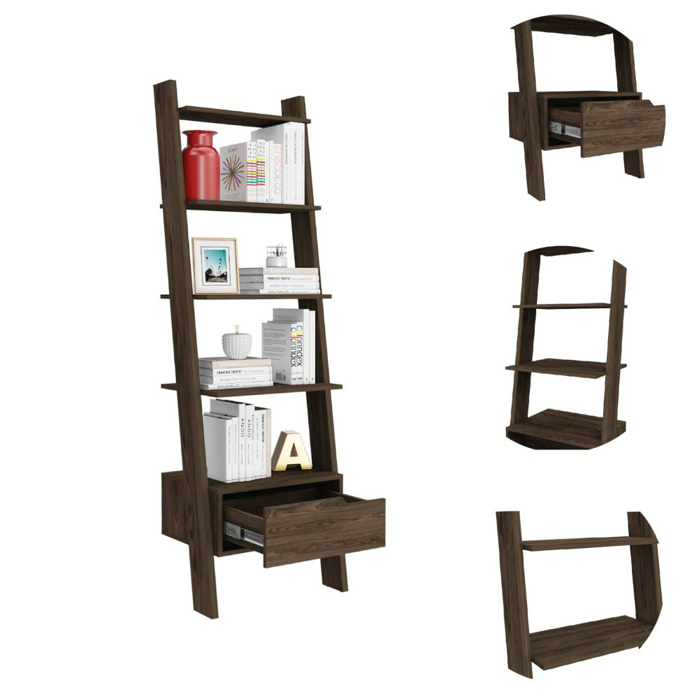 22-Inch Kobe Ladder Bookcase with 1-Drawer and 5 Open Shelves – Space-Saving Silhouette