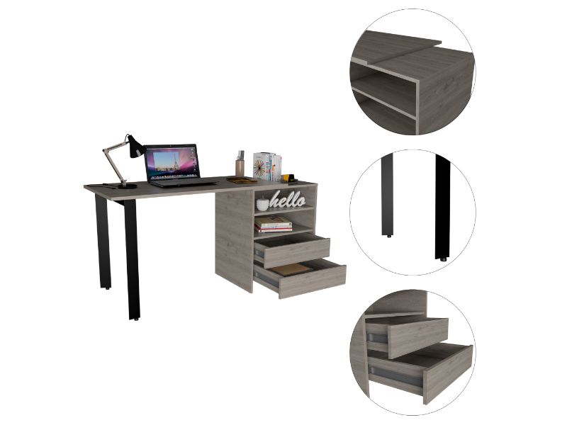 58-Inch Austral Writing Desk with 2-Drawer and 2 Open Shelves – Light Gray Finish