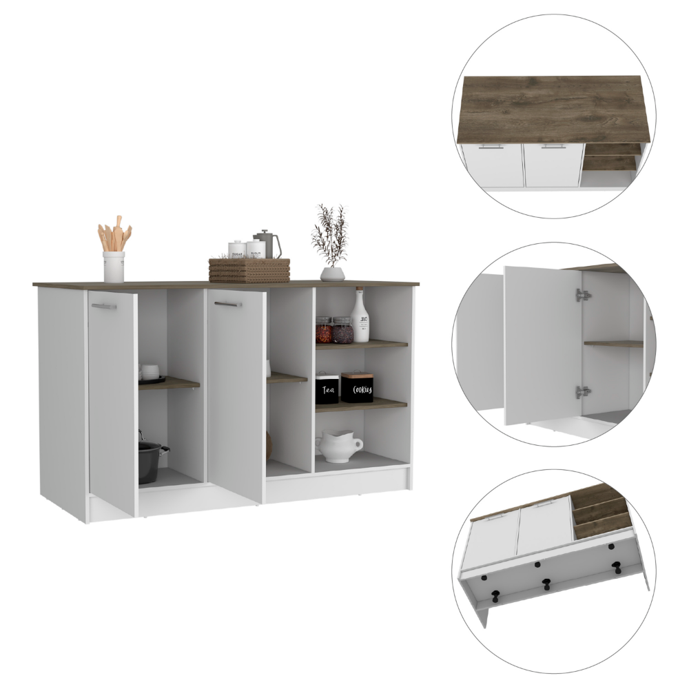 59-Inch Mars Kitchen Island with 3 Open Shelves – A white and dark brown two-tone finish Finish