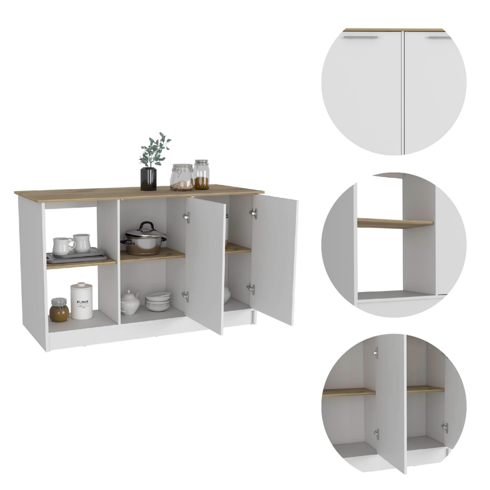 59-Inch Coral Kitchen Island with Double Door – A white and light oak two-tone finish Finish